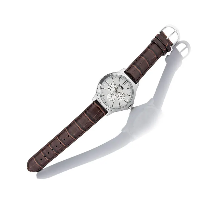 Casio Chronograph Silver Dial Brown Leather Men's Watch- MTP-V300L-7A